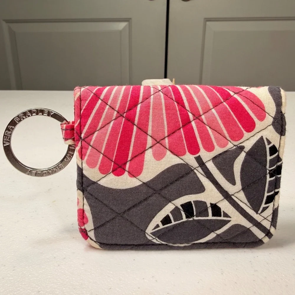 Vera Bradley Floral Quilted ID Case Wallet Key Ring Pink Red Grey Small